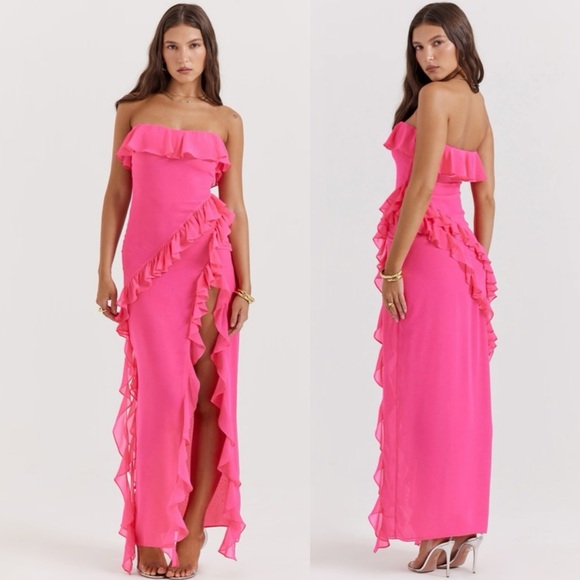 NWT House of CB Sarina Fuchsia Hot Pink Ruffle Strapless Maxi Dress XS - Picture 2 of 8